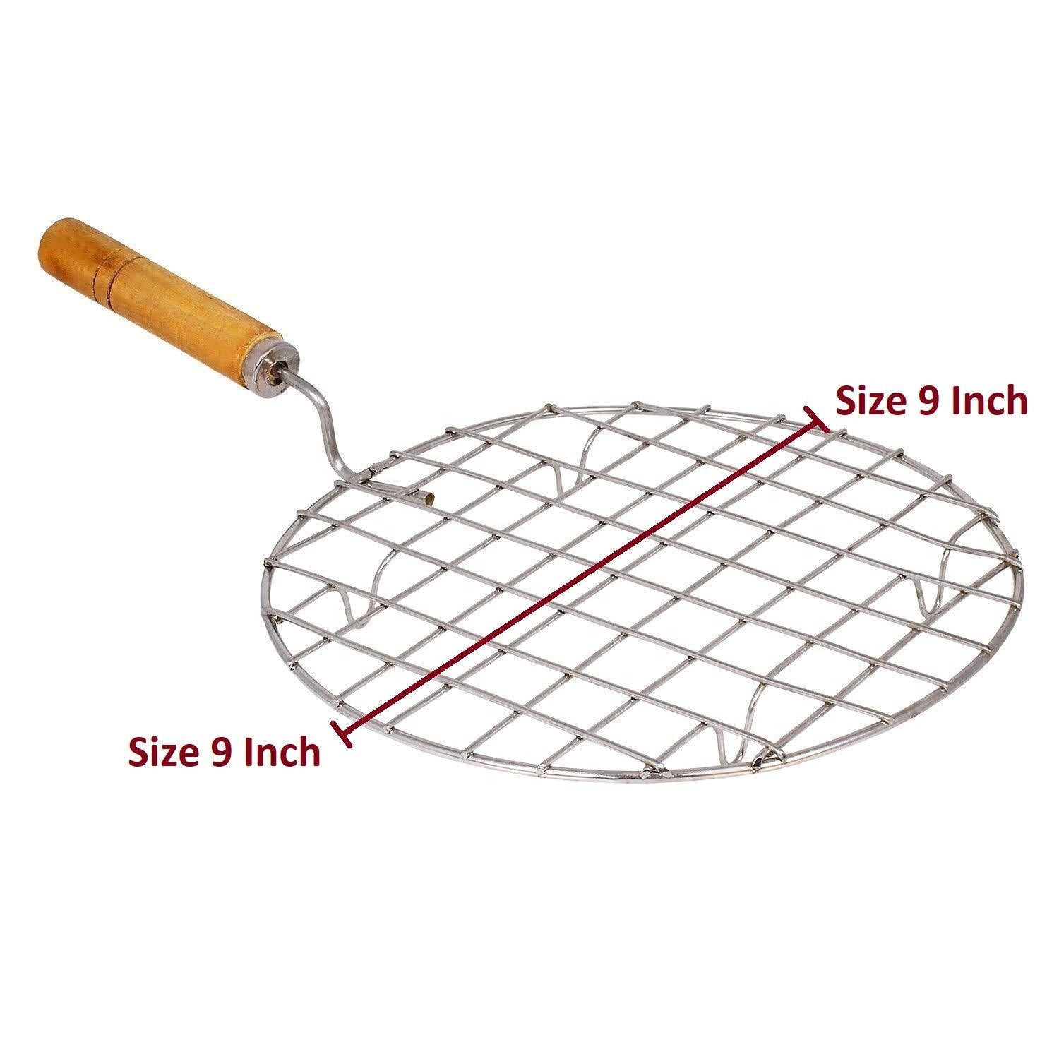 2085 Kitchen Round Stainless Steel Roaster Papad Jali, Barbecue Grill with Wooden Handle - SkyShopy