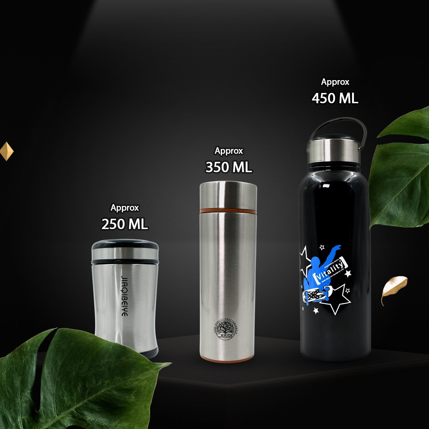 6414 Double Wall Vacuum Insulated Stainless Steel Hot & Cold Flask Water Bottle - Pack of 3, Size: 250 ml, 350 ml & 450 ml (Multicolor) - DeoDap