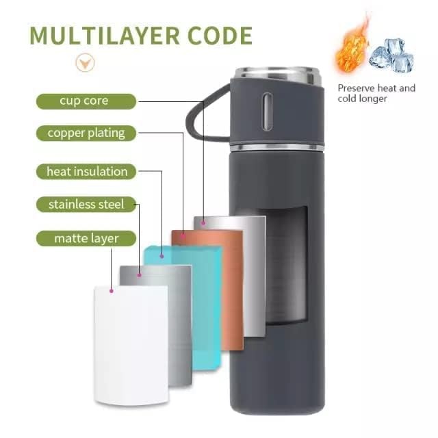 SkyShopy Stainless Steel Vacuum Flask Set with 3 Steel Cups Combo for Hot and Cold Drink Flask Bottle 500ml