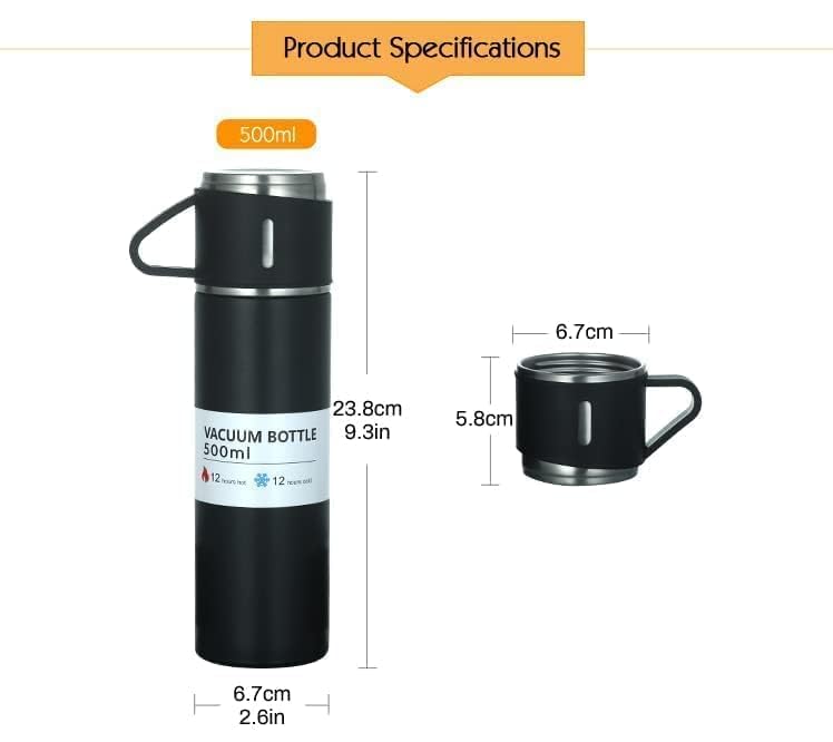 SkyShopy Stainless Steel Vacuum Flask Set with 3 Steel Cups Combo for Hot and Cold Drink Flask Bottle 500ml