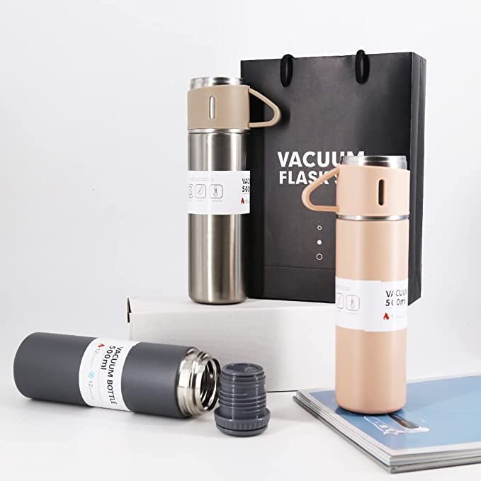 SkyShopy Stainless Steel Vacuum Flask Set with 3 Steel Cups Combo for Hot and Cold Drink Flask Bottle 500ml