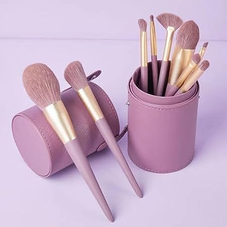 SkyShopy Set 9 Pcs Professional Everyday Makeup Brushes Set with PU Leather bucket, Synthetic Hair Cosmetic Wooden Handle Brushes