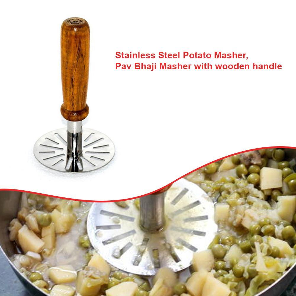 0064 Stainless Steel Potato Masher, Pav Bhaji Masher with wooden handle - SkyShopy
