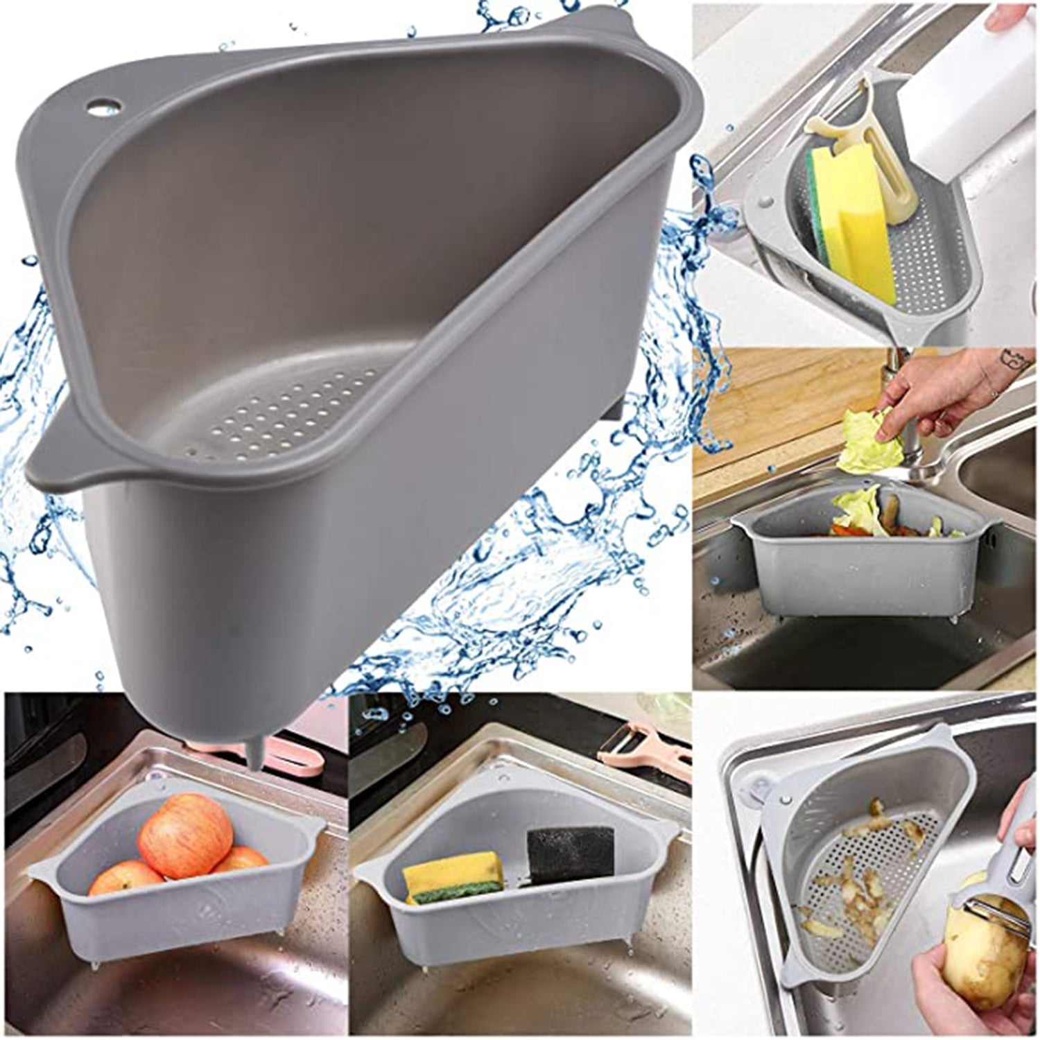 2071 Multipurpose Triangular Shape Sink Storage Basket Washing Vegetables, Fruits (Grey) DeoDap