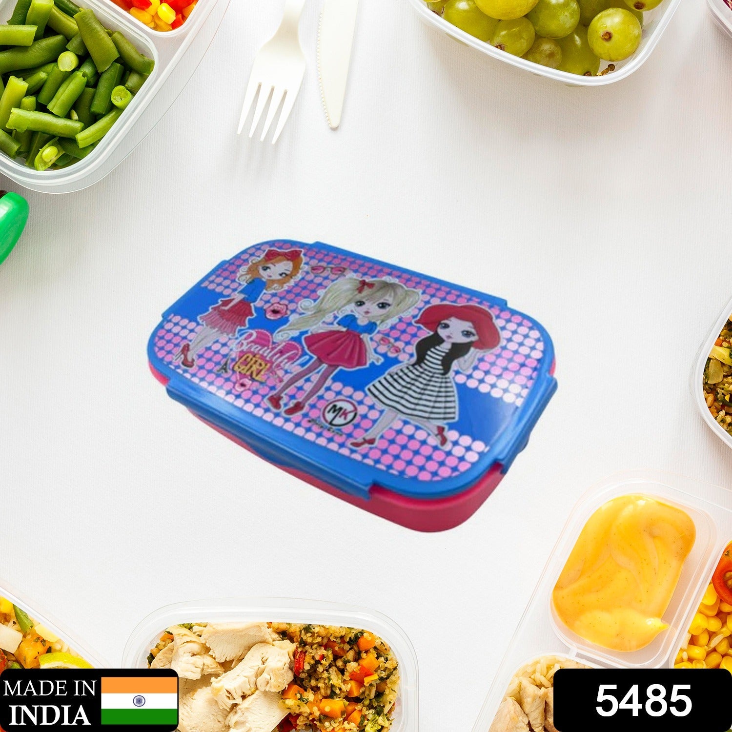 5485 CARTOON PRINTED PLASTIC LUNCH BOX WITH INSIDE SMALL BOX & SPOON FOR KIDS, AIR TIGHT LUNCH TIFFIN BOX FOR GIRLS BOYS, FOOD CONTAINER, SPECIALLY DESIGNED FOR SCHOOL GOING BOYS AND GIRLS