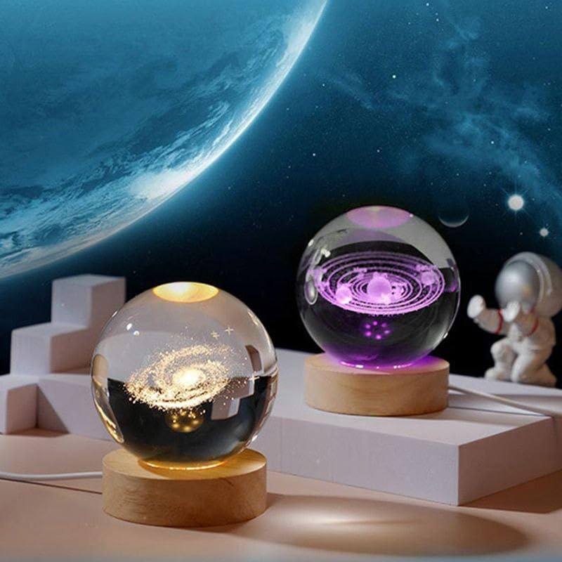 SkyShopy 3D Planet Crystal Ball | Crystal Planet Laser Engraved Solar System Globe Astronomy | Sphere Table Decor Crafts with USB Operated Wooden Stand For Home Decor, Valentine's Day, irthdays Gift(multi design)