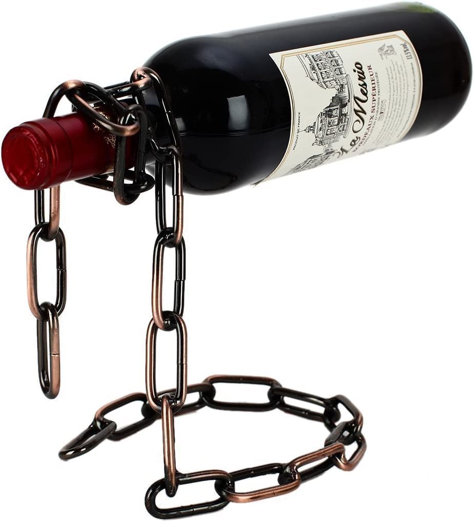 SkyShopy Suspending Chain Wine Rack Holder, Countertop Free Standing Metal Wine Rack Novelty for Gift Kitchen Home Decoration Modern Design Wine Gifts Tabletop Wine Bottle Holder