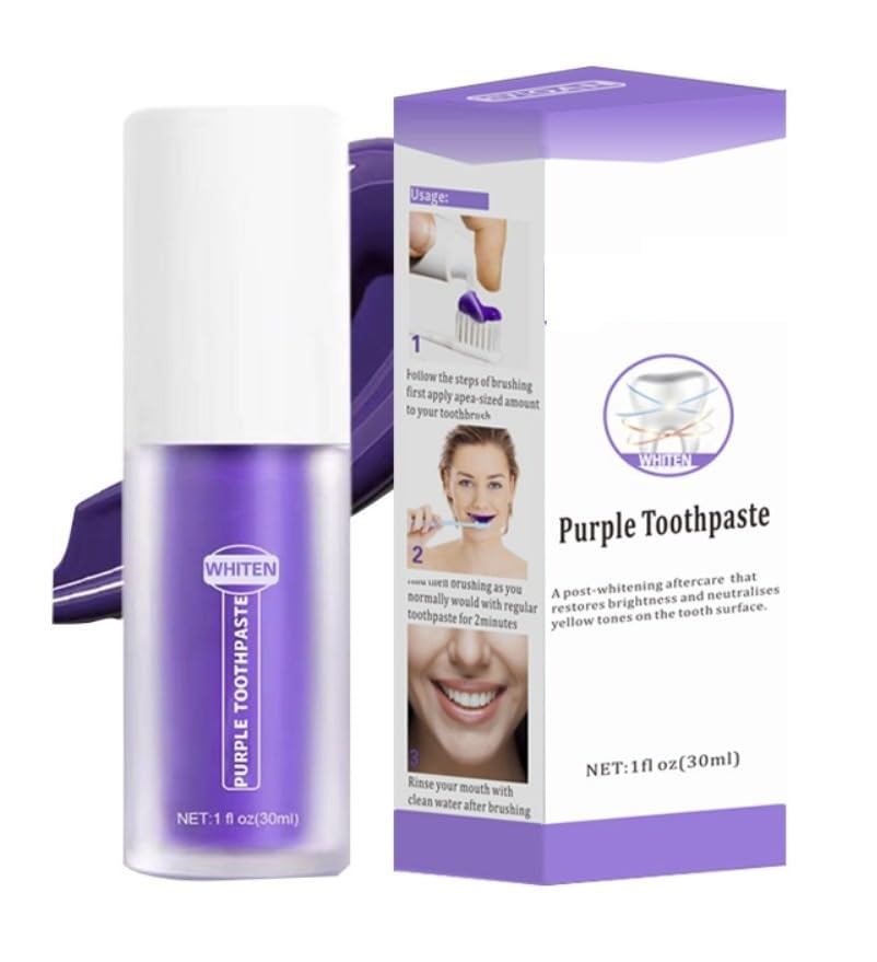 SkyShopy Purple Toothpaste Instant Color Corrector Stain Remover Teeth Whitening Booster for a Brighter Smile with Fresher Breath HiSmile Men and Women tooth Solution for Yellow Stains