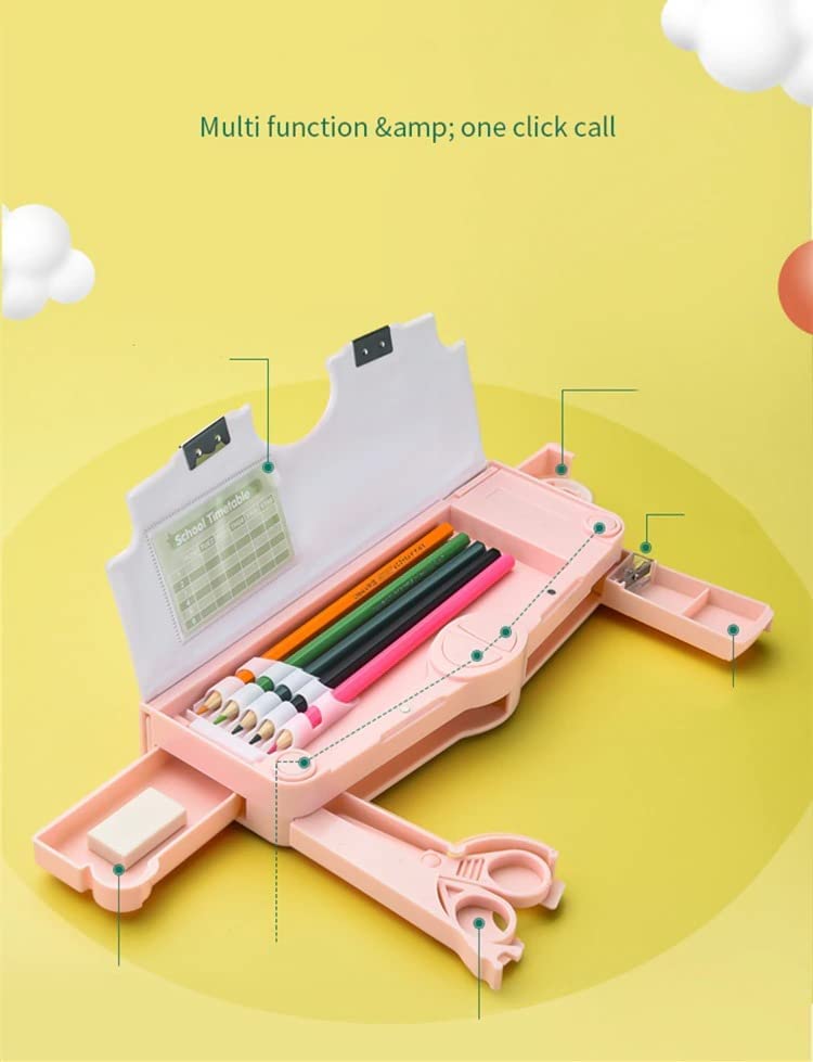 SkyShopy 1PC MULTIFUNCTIONAL PENCIL CASE, LARGE CAPACITY PENCIL BOX FOR BOYS & GIRLS STUDENTS WITH CRAFT SCISSOR PORTABLE STATIONERY ORGANIZER Pink