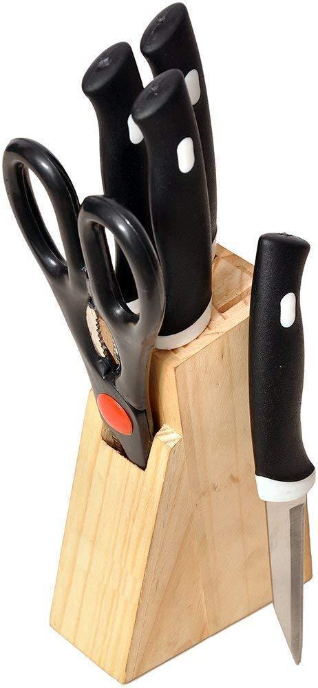 0102 Kitchen Knife Set with Wooden Block and Scissors (5 pcs, Black) - SkyShopy