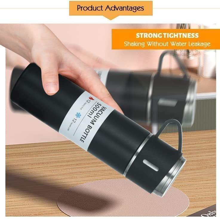 SkyShopy Stainless Steel Vacuum Flask Set with 3 Steel Cups Combo for Hot and Cold Drink Flask Bottle 500ml