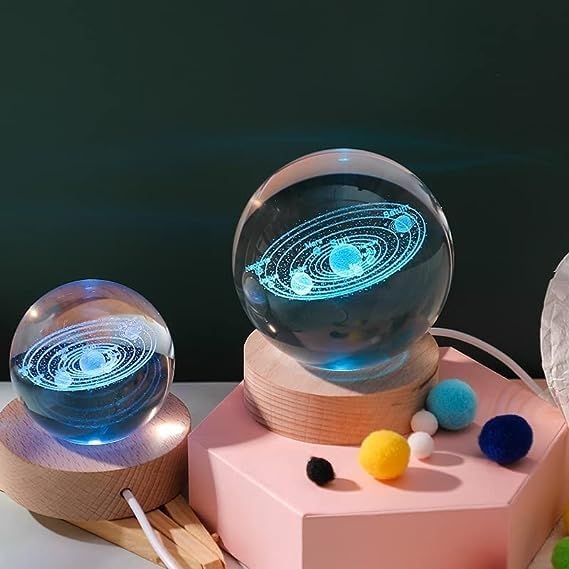 SkyShopy 3D Planet Crystal Ball | Crystal Planet Laser Engraved Solar System Globe Astronomy | Sphere Table Decor Crafts with USB Operated Wooden Stand For Home Decor, Valentine's Day, irthdays Gift(multi design)