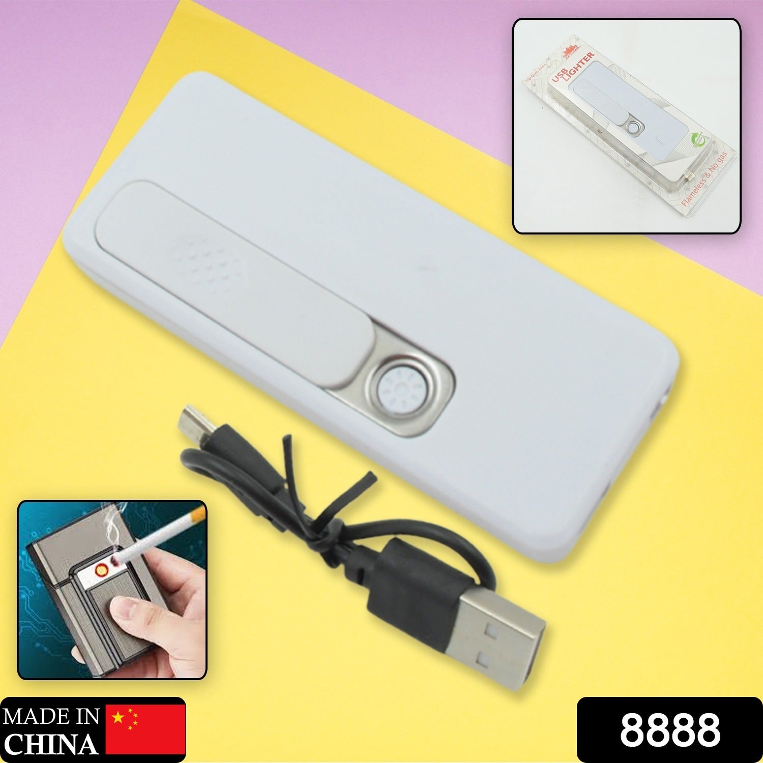 8888 Stylish Electric USB Lighter for Men & Women, Regular Cigarettes Portable USB Rechargeable Flameless, Coil Slim Cigarette Lighter with Charging Cable, Windproof E lighter, Lighter for Smoking (1 Pc )