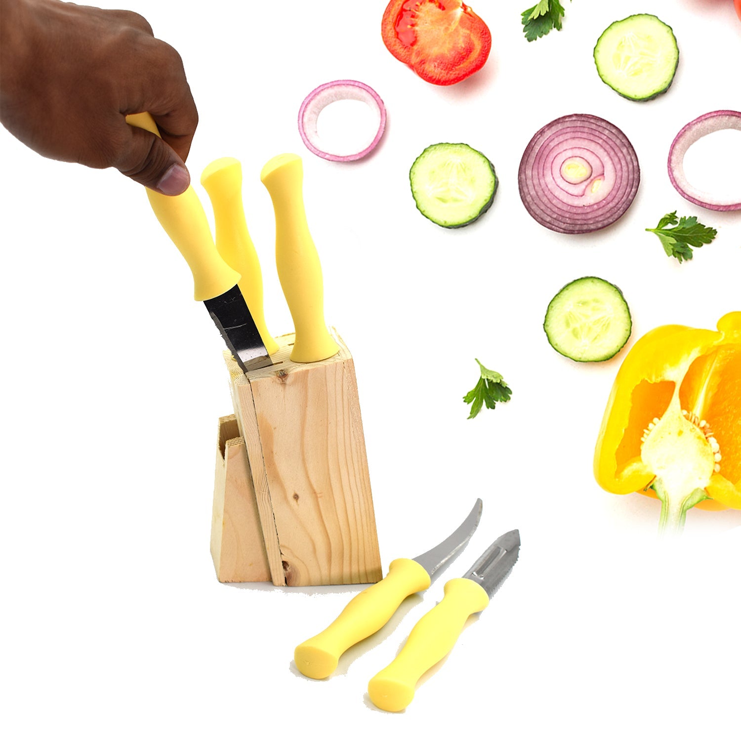 0102A Stainless Steel Kitchen Knife Set with Wooden Stand & Scissor Vegetable & Meat Cutting DeoDap