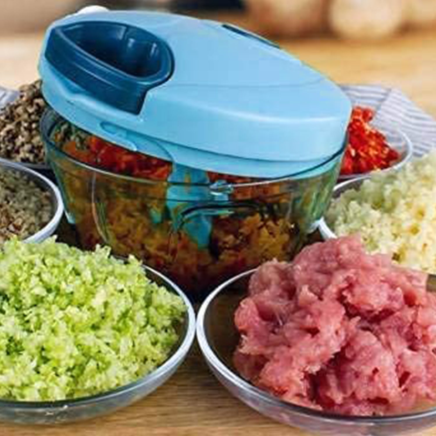 2072 3 BLADE MANUAL BLUE FOOD CHOPPER, COMPACT & POWERFUL HAND HELD VEGETABLE CHOPPER. DeoDap