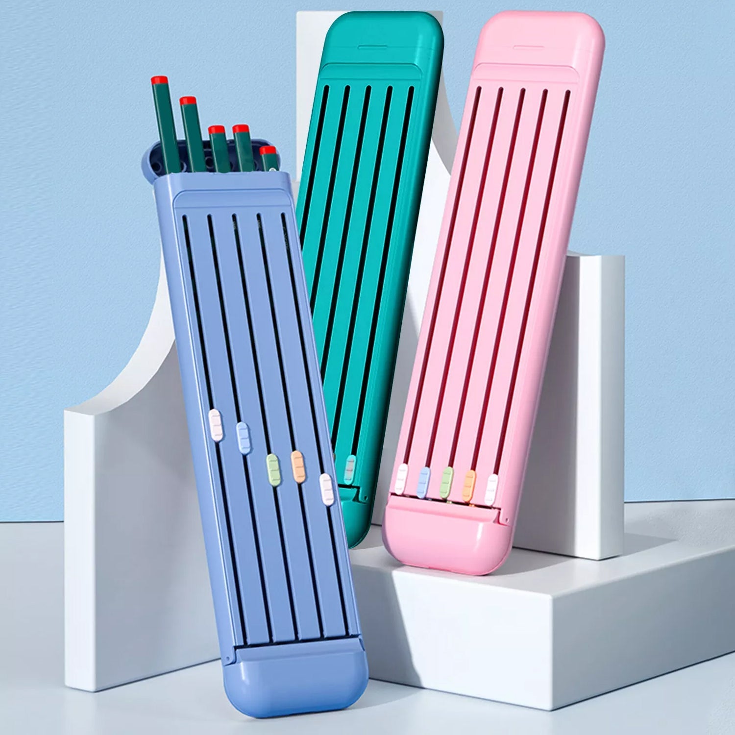 4983 Plastic Pencil Case for Students, Small Hard Pencil Case with Slot, Compact Pencil Box with 5pcs Pencils, Ruler and Eraser for School DeoDap