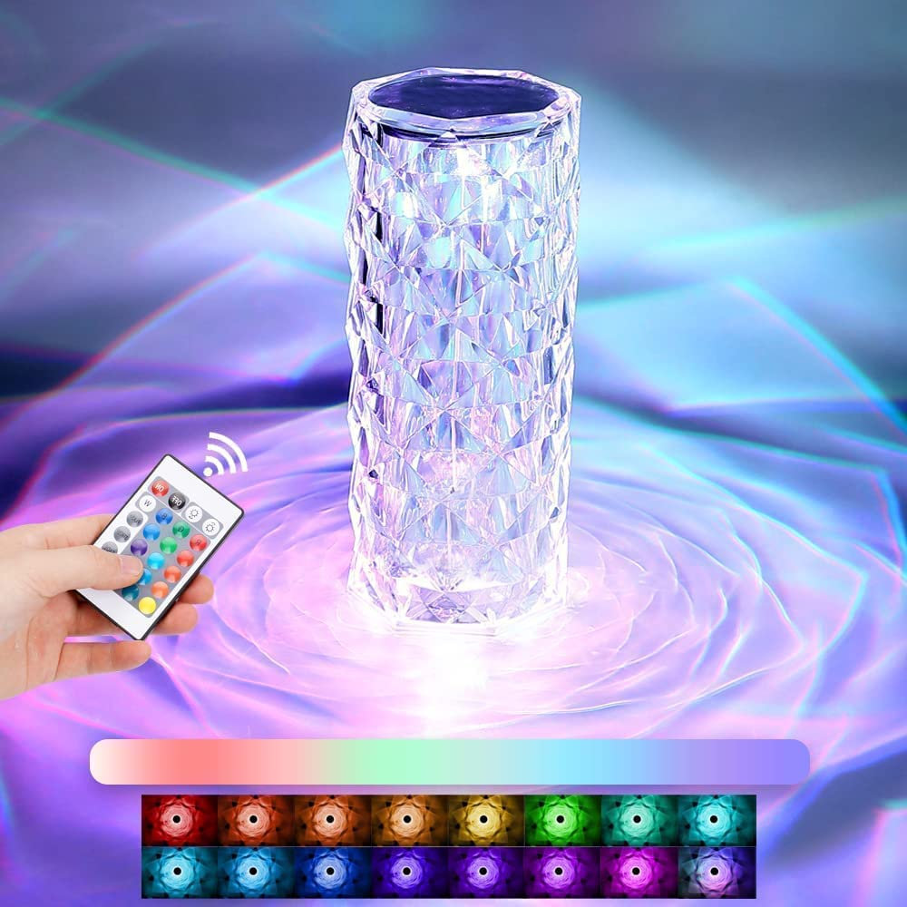 SkyShopy Diamond Crystal Table Lamp USB Rechargeable, 8 Mode Color Changing Acrylic 3D Night Light (16 Colors with Touch and Remote Control)