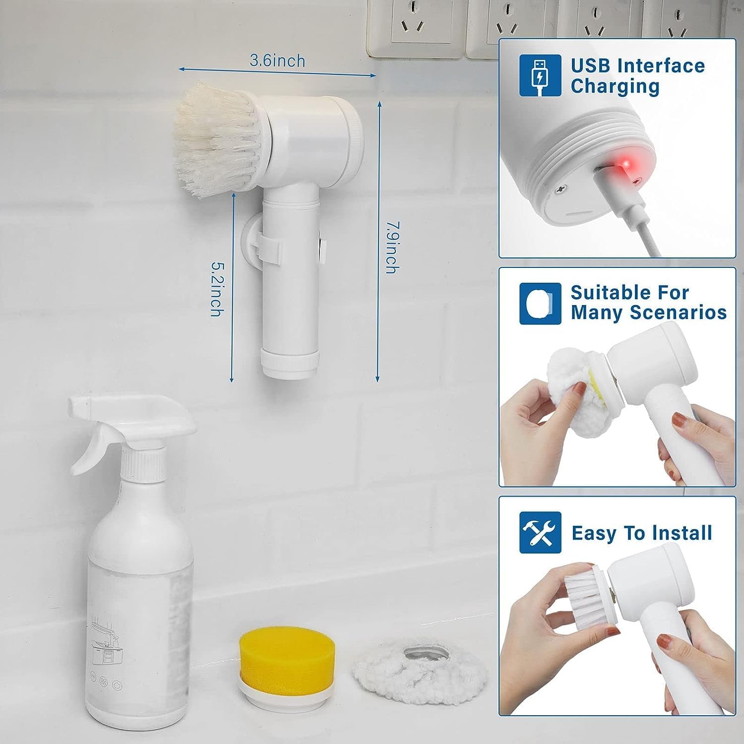 SkyShopy Electric Spin Scrubber Rechargeable Cleaning Tools,Grout Brush, Electric Cleaning Brush with 3 Brush Heads,Electric Scrubber Suitable for Bathroom Wall Tiles Floor Bathtub Kitchen