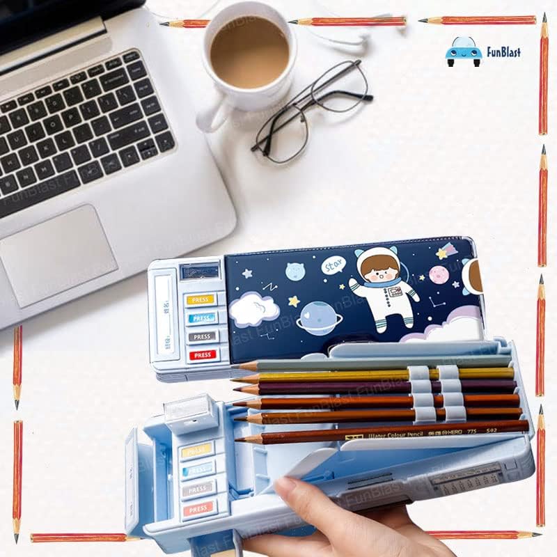 SkyShopy  Plastic Pencil Box with Code Lock Pen Case Large Capacity Multi-Layer Multi-Function Storage Bag Secret Compartment Pencil Box for Kids- Multi-Color (Astronaut)