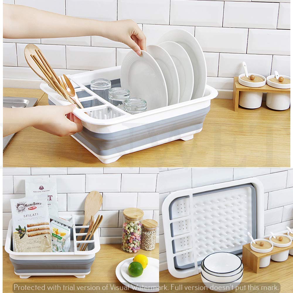 0804 Collapsible Folding Silicone Dish Drying Drainer Rack with Spoon Fork Knife Storage Holder - SkyShopy