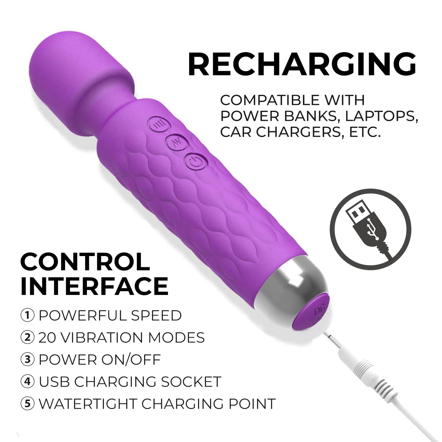 Waterproof Rechargeable Personal Body Massager for Women | Cordless Handheld Wand with 20 Vibration Modes & 8 Speed Patterns | Perfect for Pain Relief Massag