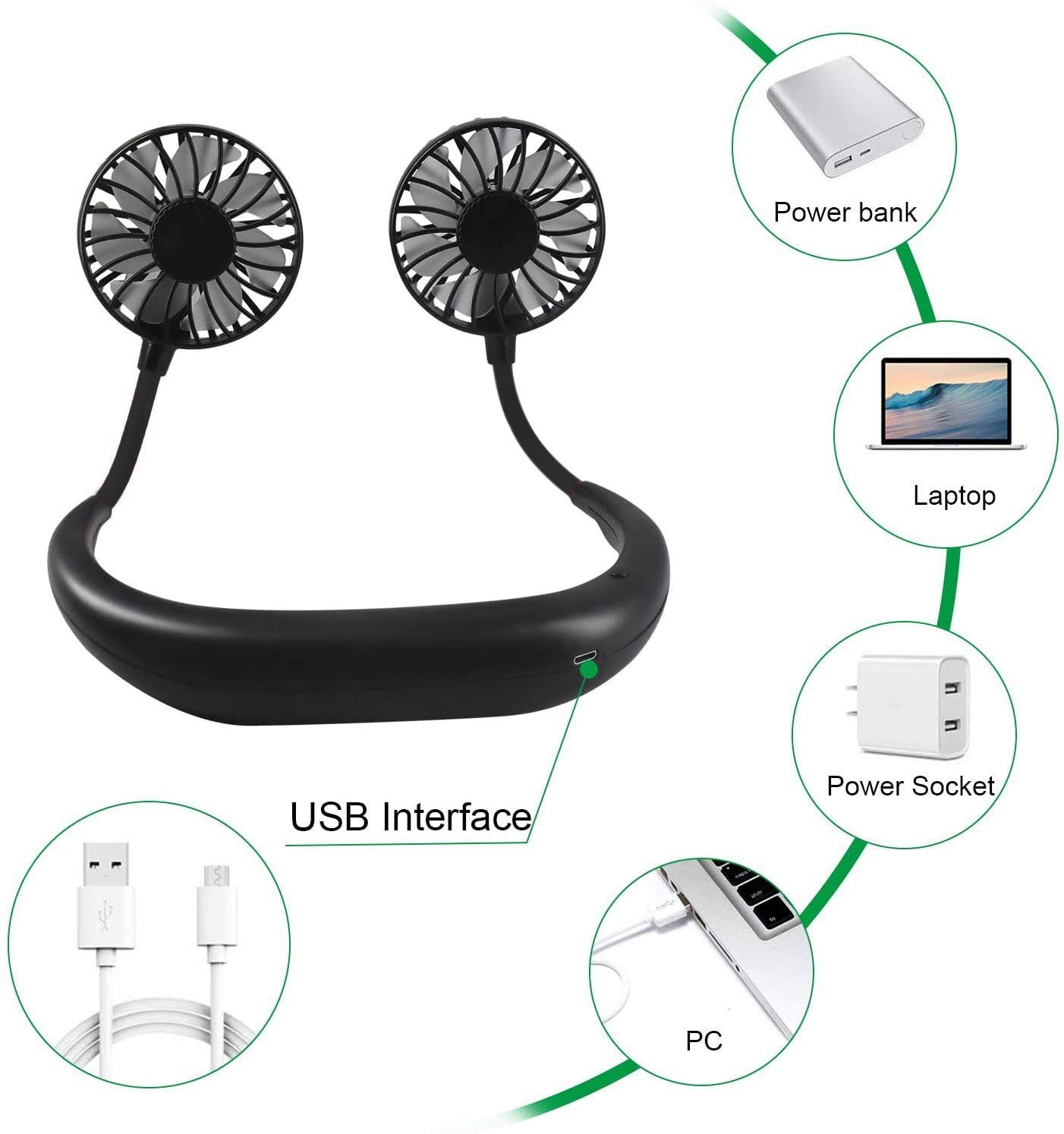 1183 Portable Rechargeable Wearable Strong Airflow Quiet Operation Hanging Neck Fan - SkyShopy