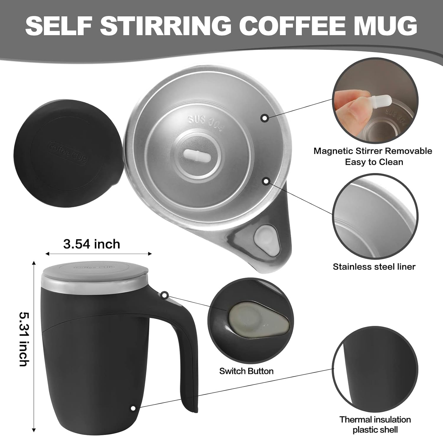 SkyShopy Automatic Magnetic Stirring Coffee Mug, Rotating Home Office Travel Mixing Cup，Funny Electric Stainless Steel Self Mixing Coffee Tumbler, Suitable for Coffee, Milk, Cocoa and Other Beverages (Multicoloured)