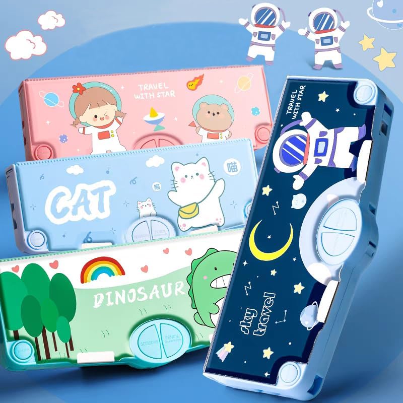 SkyShopy 1PC MULTIFUNCTIONAL PENCIL CASE, LARGE CAPACITY PENCIL BOX FOR BOYS & GIRLS STUDENTS WITH CRAFT SCISSOR PORTABLE STATIONERY ORGANIZER Dinosour