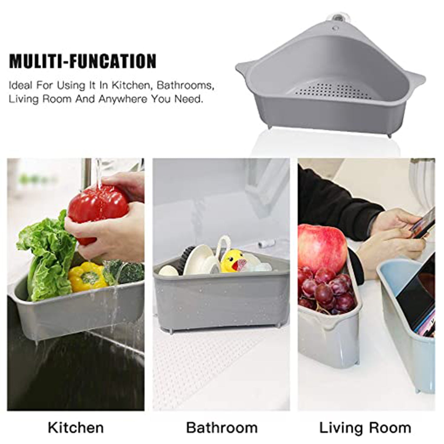2071 Multipurpose Triangular Shape Sink Storage Basket Washing Vegetables, Fruits (Grey) DeoDap