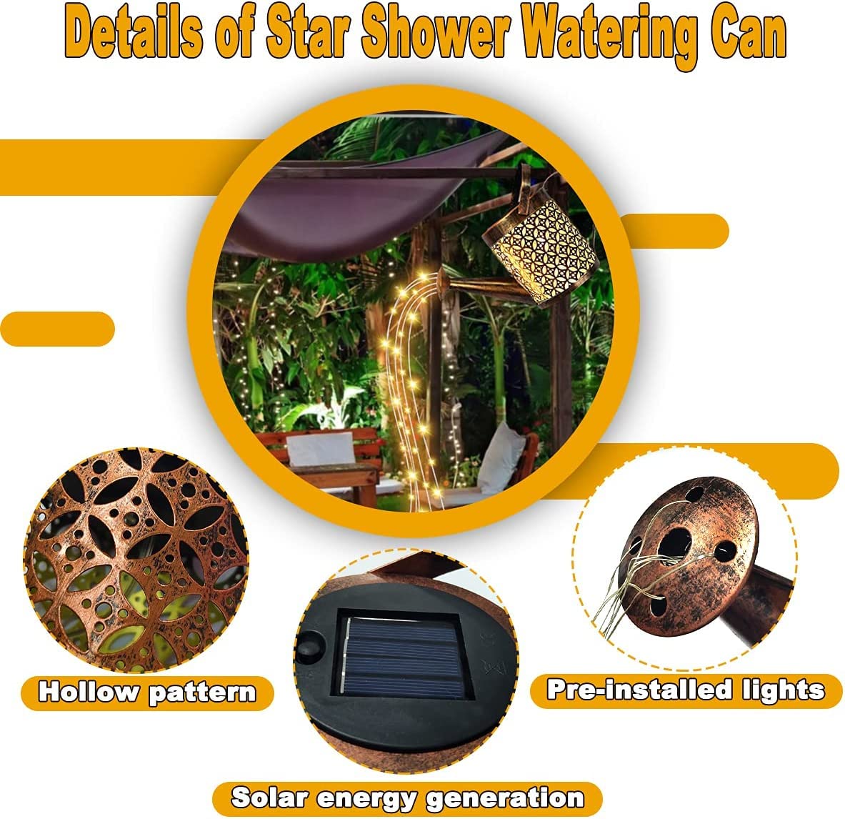 Solar Watering Can Light, Solar Fairy Lights Waterproof, Hanging Solar Lantern Garden Art Light Decor Metal Waterfall String Lights for Patio Yard Pathway Plant [ Warm Yellow, Pack of 1 ]