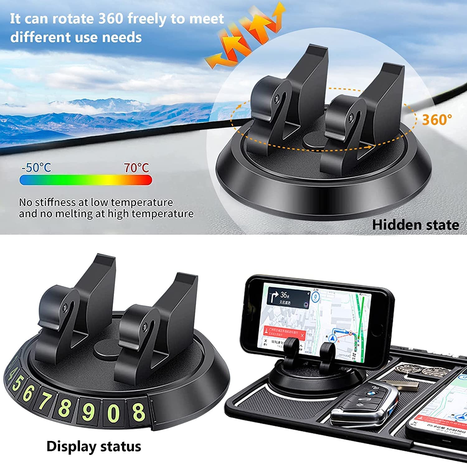 SkyShopy Car Non Slip Dashboard Mat 4-in-1 Multifunctional 360°Rotating Phone Holder Phone Pad with Temporary Car Parking Number & 2 Perfume Aromatherapy Anti-Shake Pad Universal Phone Holder (Red)