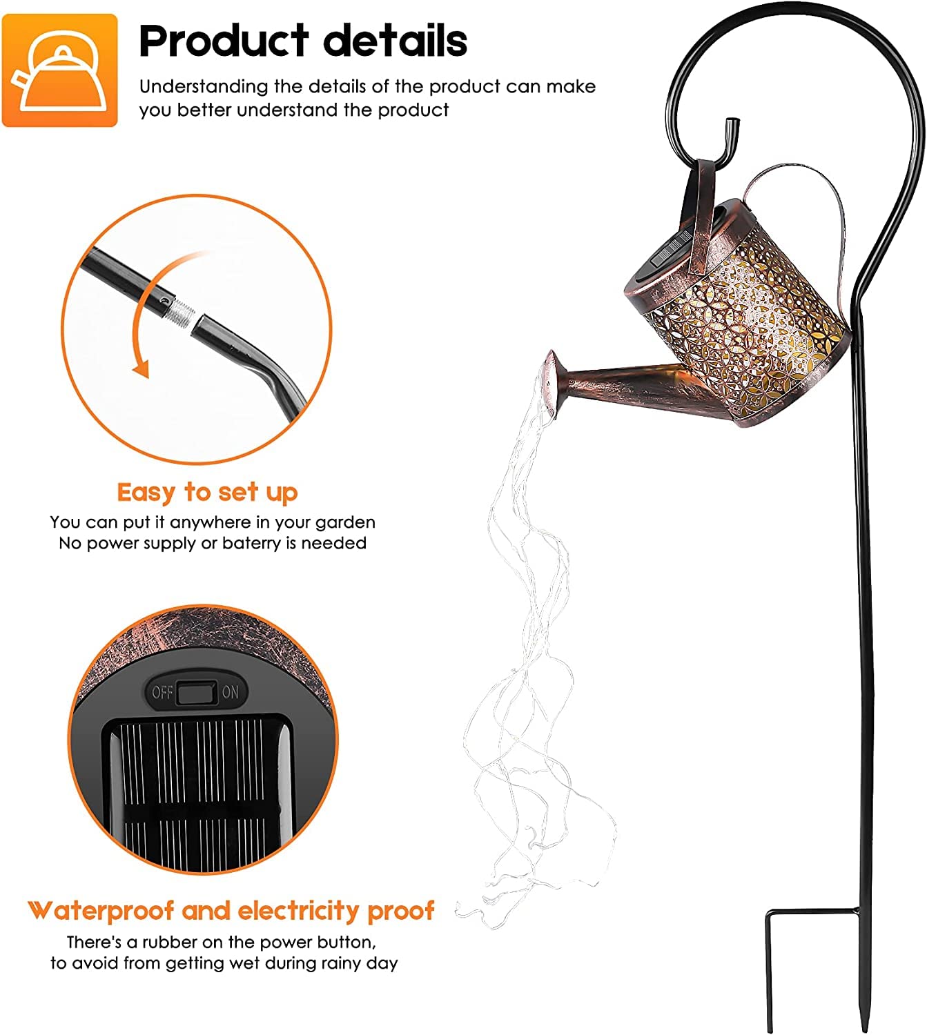 Solar Watering Can Light, Solar Fairy Lights Waterproof, Hanging Solar Lantern Garden Art Light Decor Metal Waterfall String Lights for Patio Yard Pathway Plant [ Warm Yellow, Pack of 1 ]