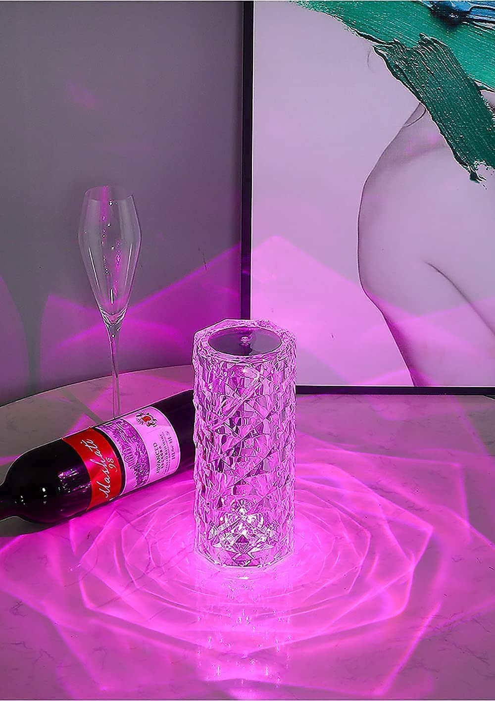 SkyShopy Diamond Crystal Table Lamp USB Rechargeable, 8 Mode Color Changing Acrylic 3D Night Light (16 Colors with Touch and Remote Control)