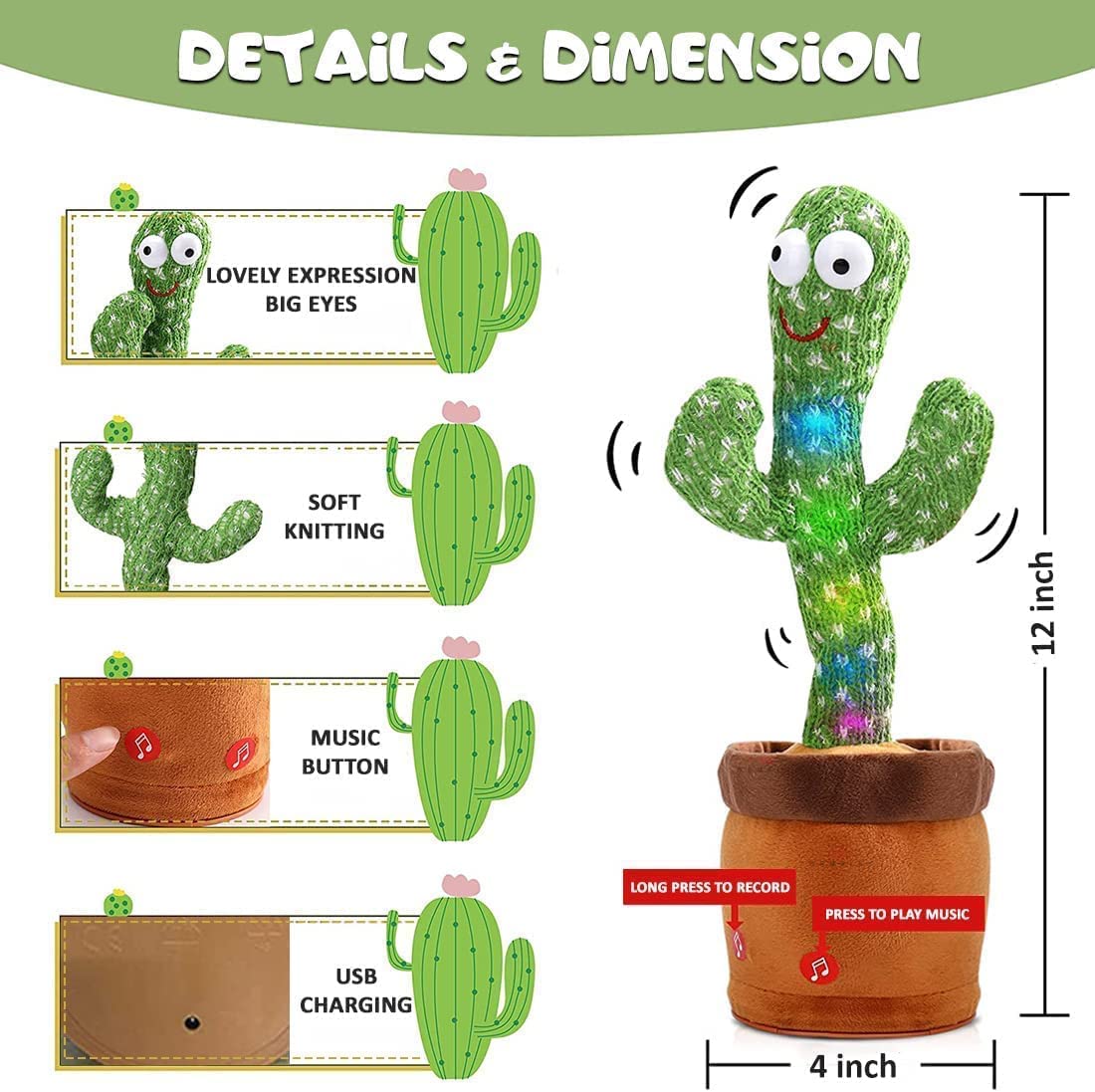 Dancing Cactus Toy for Babies & Kids Records & Repeats What You Say Singing & Talking Toy Beautiful LED Lights Funny Educational Plush Decoration Item