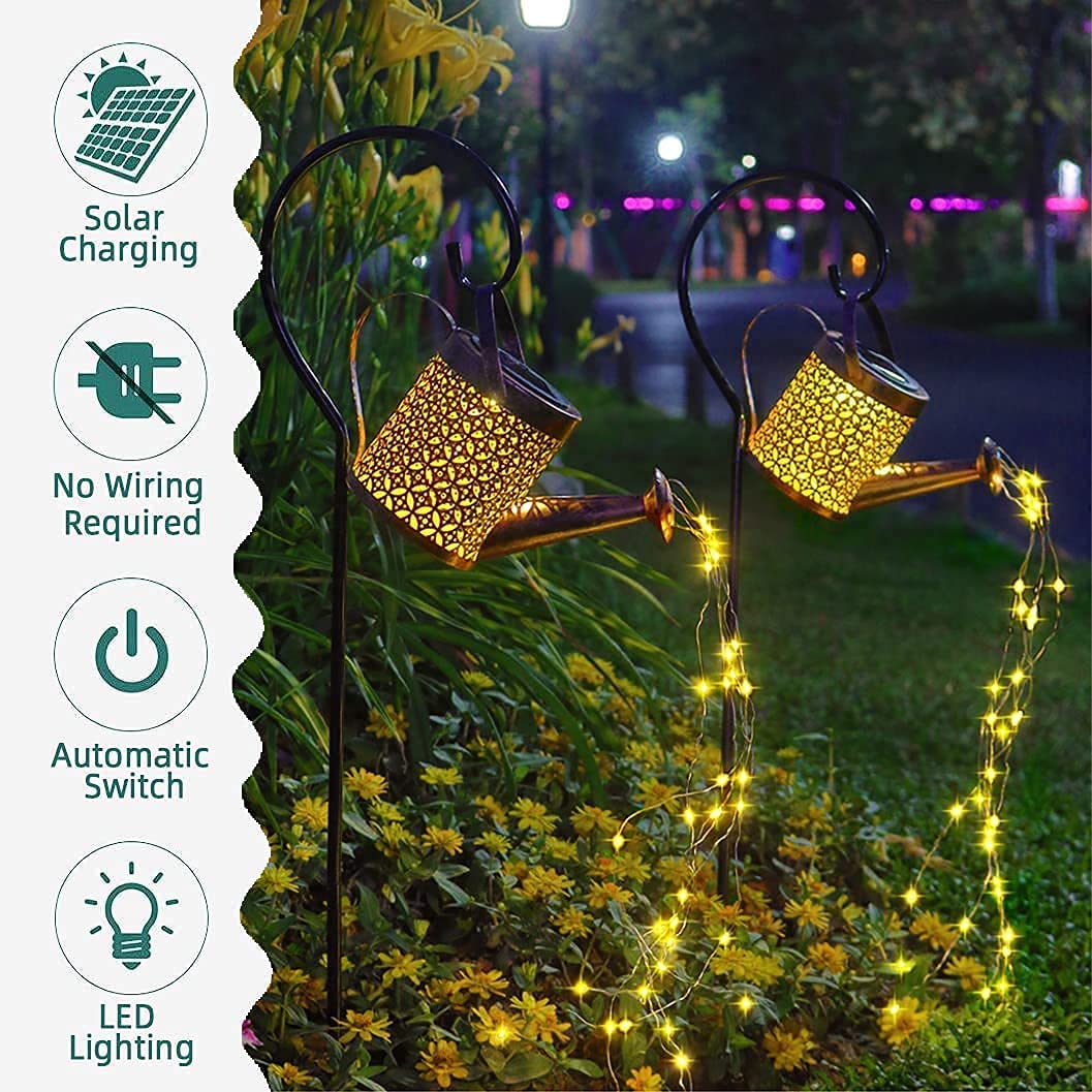 Solar Watering Can Light, Solar Fairy Lights Waterproof, Hanging Solar Lantern Garden Art Light Decor Metal Waterfall String Lights for Patio Yard Pathway Plant [ Warm Yellow, Pack of 1 ]