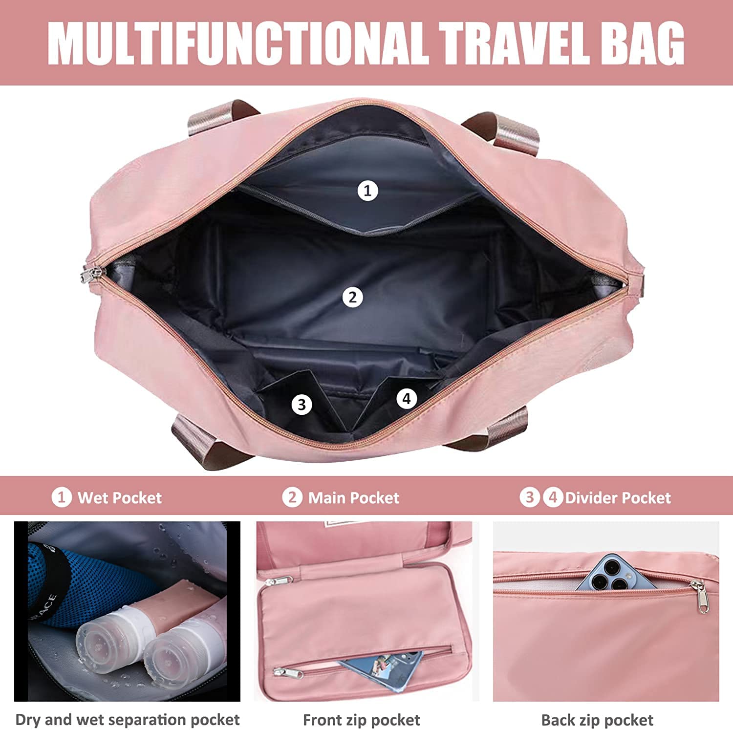 Bag Duffle Bags Waterproof for Travel Women Luggage Bags for Travelling Large Capacity Folding Bag Lightweight Weekender Shoulder Bag with Dry & Wet Pocket Tote Handbag Multicolour