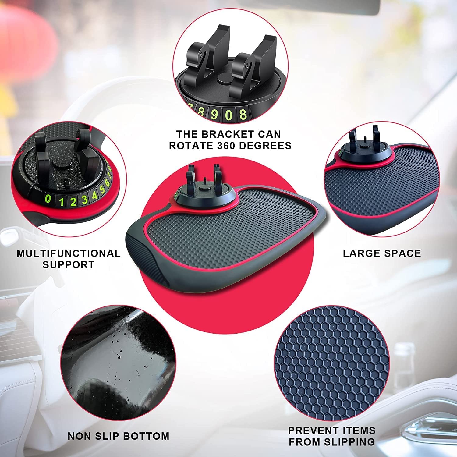 SkyShopy Car Accessories Multifunction Anti-Slip Car Dashboard Mat with 360 Degrees Rotating Mobile Phone Holder Mount Non Slip Sticky Rubber Pad for Smartphone, GPS