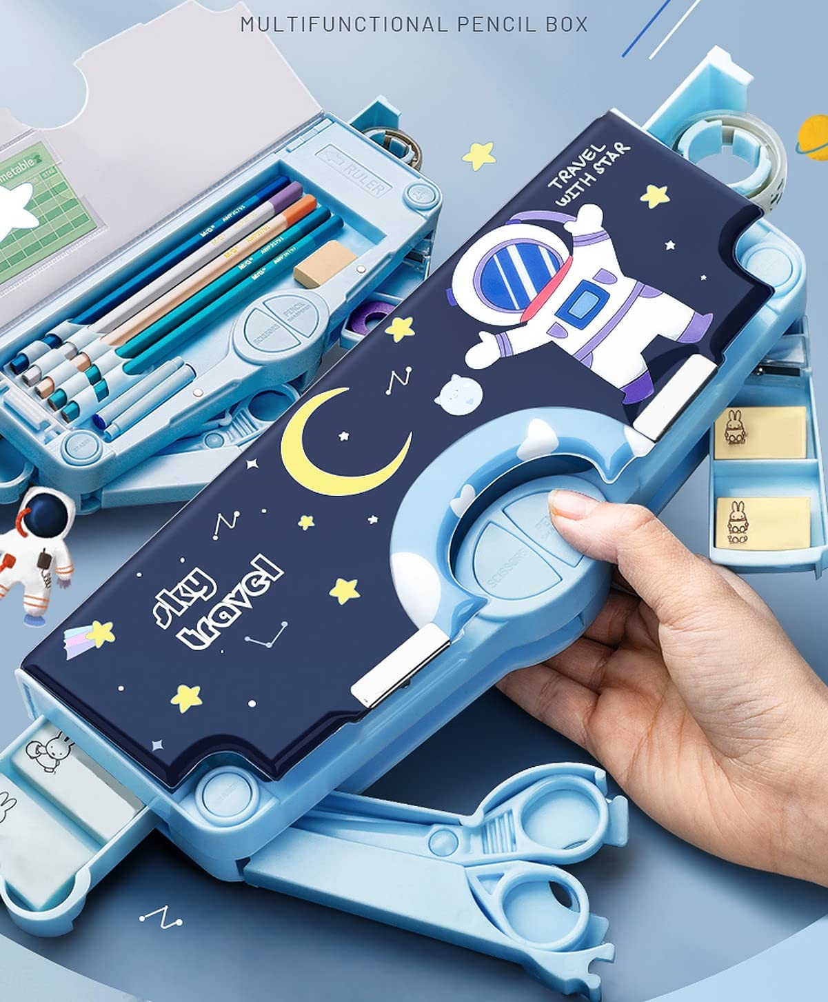 SkyShopy 1Pc Multifunctional Pencil Case, Large Capacity Pencil Box for Boys & Girls Students with Craft Scissor Portable Stationery Organizer, Astronaut