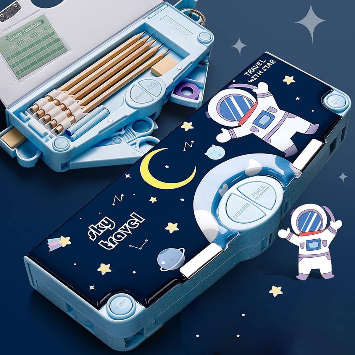 SkyShopy 1Pc Multifunctional Pencil Case, Large Capacity Pencil Box for Boys & Girls Students with Craft Scissor Portable Stationery Organizer, Astronaut