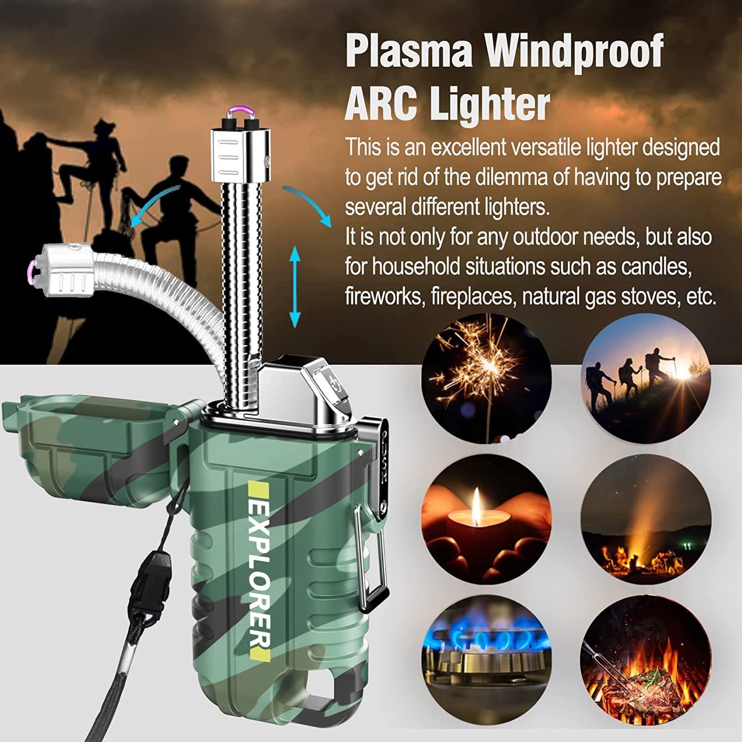 SkyShopy Rechargeable Electric Lighter with 360° Flexible Long Neck for Candle Grill, Waterproof USB Arc Lighters with Lanyard and Hanging Hole, Windproof Plasma Flameless Lighter
