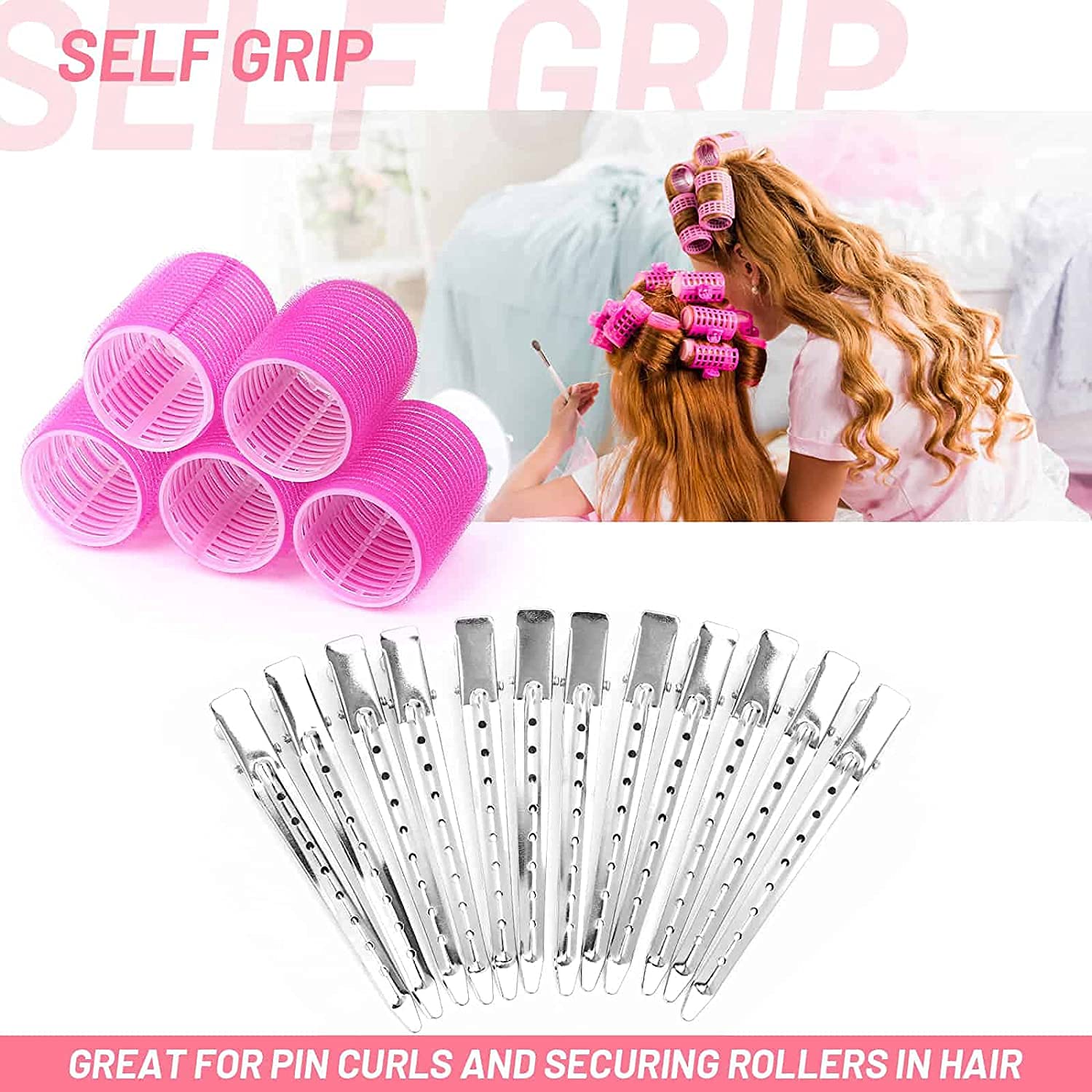 SkyShopy multicolored Hair Curler Rollers for Women, 6pcs Self Grip Magic Hair Roller Clips Hairdressing Kit for Long Medium Short Hair with 12 Bang Clips & 1 Comb