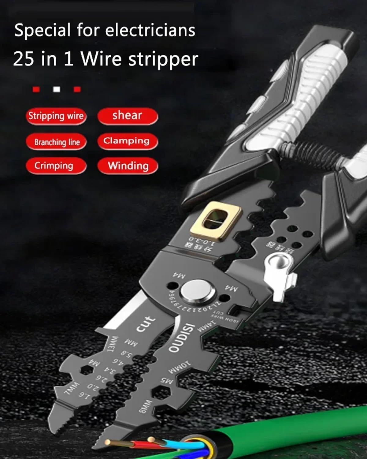 25-in-1 Multi-Functional Wire Stripper and Electrician Tool Chrome Vanadium Steel Pliers for Splitting, Breaking, Separating, Terminal Crimping, Stripping, Cable Cutting, Winding, and Clamping