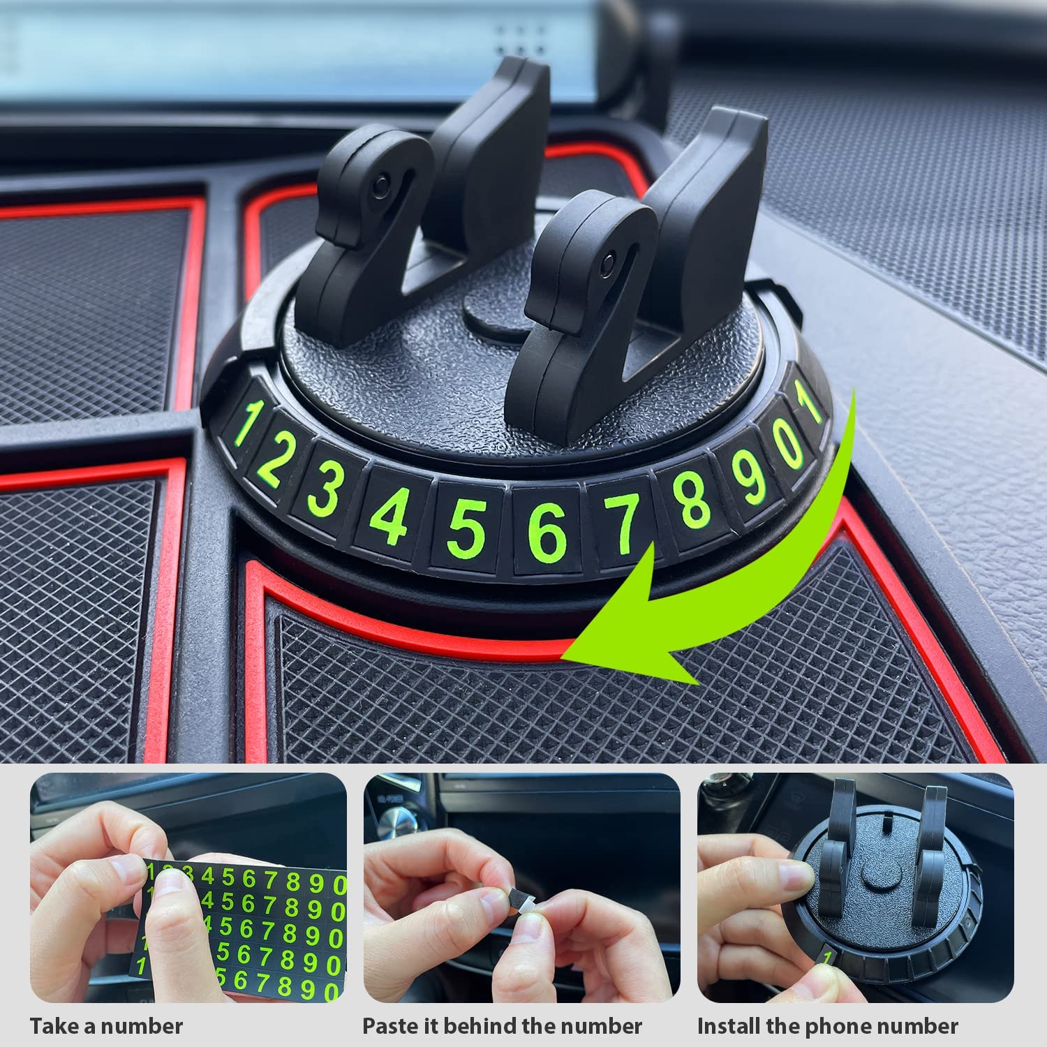 SkyShopy Car Non Slip Dashboard Mat 4-in-1 Multifunctional 360°Rotating Phone Holder Phone Pad with Temporary Car Parking Number & 2 Perfume Aromatherapy Anti-Shake Pad Universal Phone Holder (Red)