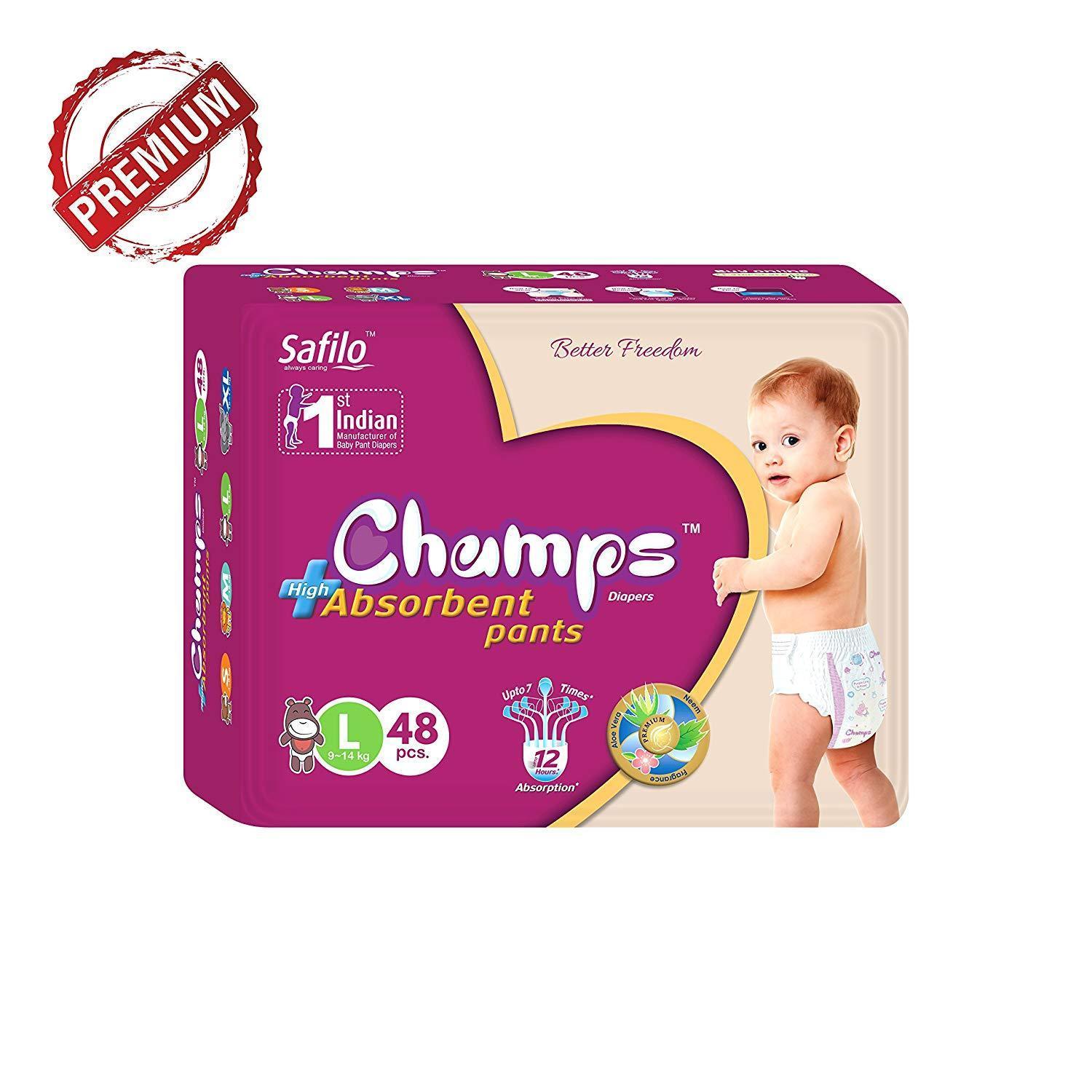 0955 Premium Champs High Absorbent Pant Style Diaper Large Size, 48 Pieces(955_Large_48) - SkyShopy