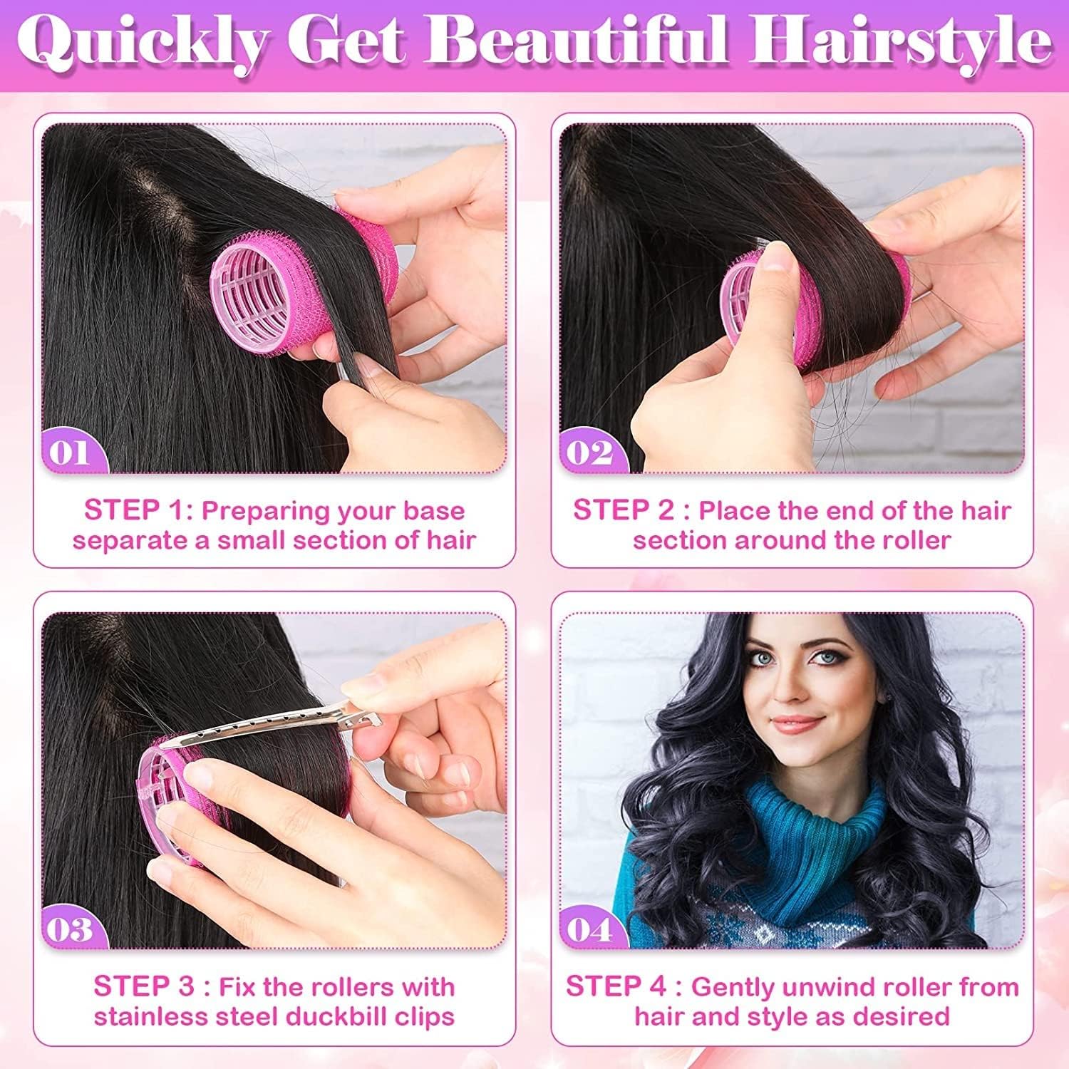 SkyShopy multicolored Hair Curler Rollers for Women, 6pcs Self Grip Magic Hair Roller Clips Hairdressing Kit for Long Medium Short Hair with 12 Bang Clips & 1 Comb