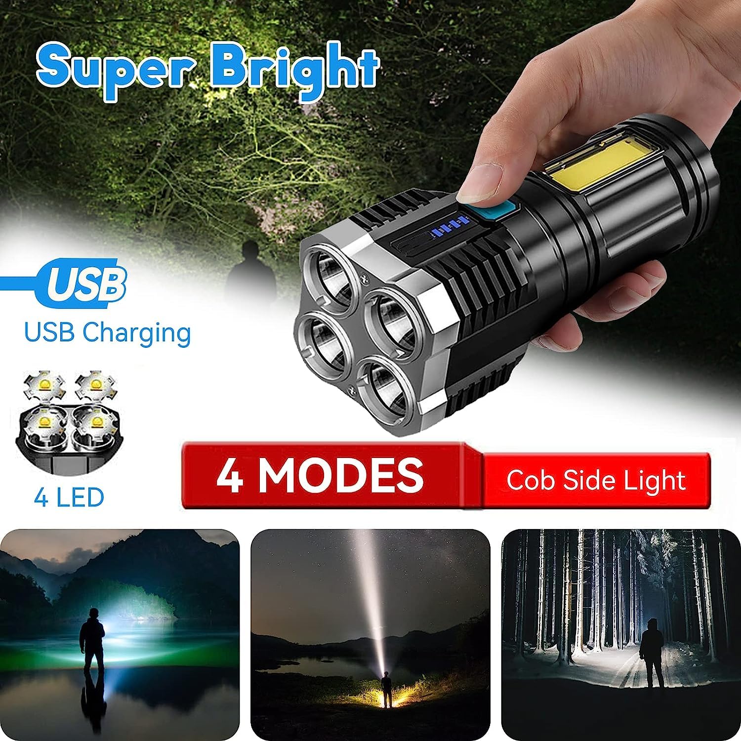 SkyShopy Rechargeable Flashlight,Super Bright LED Flashlight Waterproof Handheld Flashlight with 4 Modes for Camping Emergency Hiking (Black)