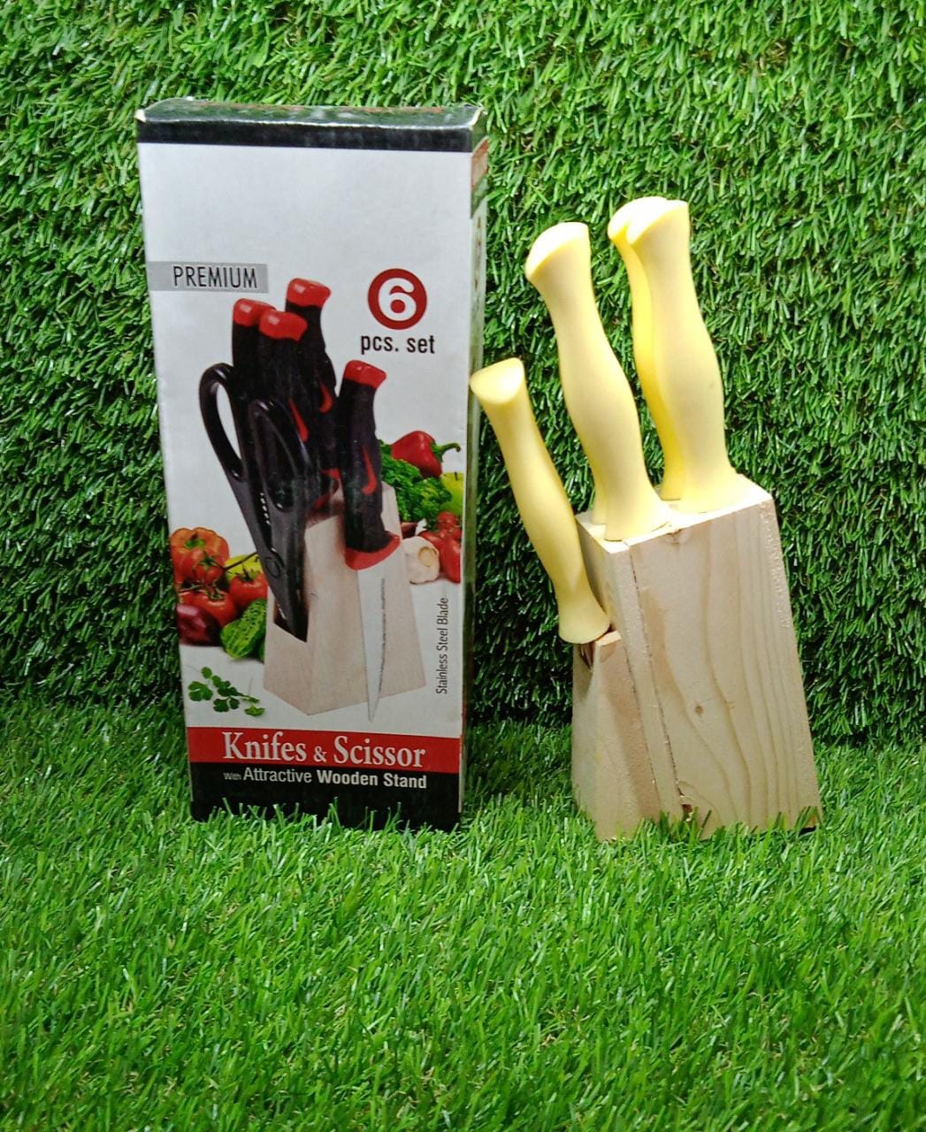 0102A Stainless Steel Kitchen Knife Set with Wooden Stand & Scissor Vegetable & Meat Cutting DeoDap