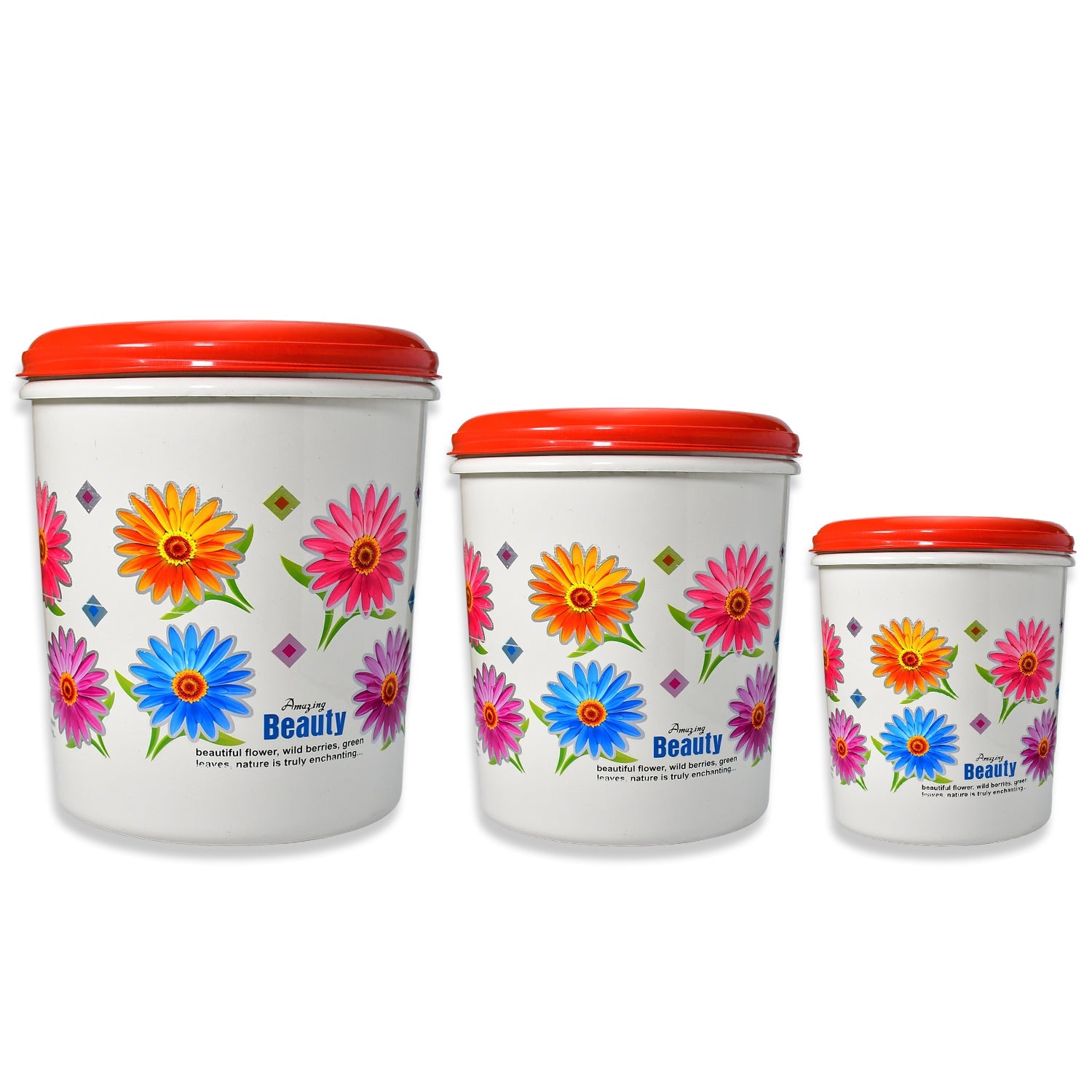 3 Pcs PLASTIC FLORAL DESIGN GROCERY STORAGE CONTAINER/JAR