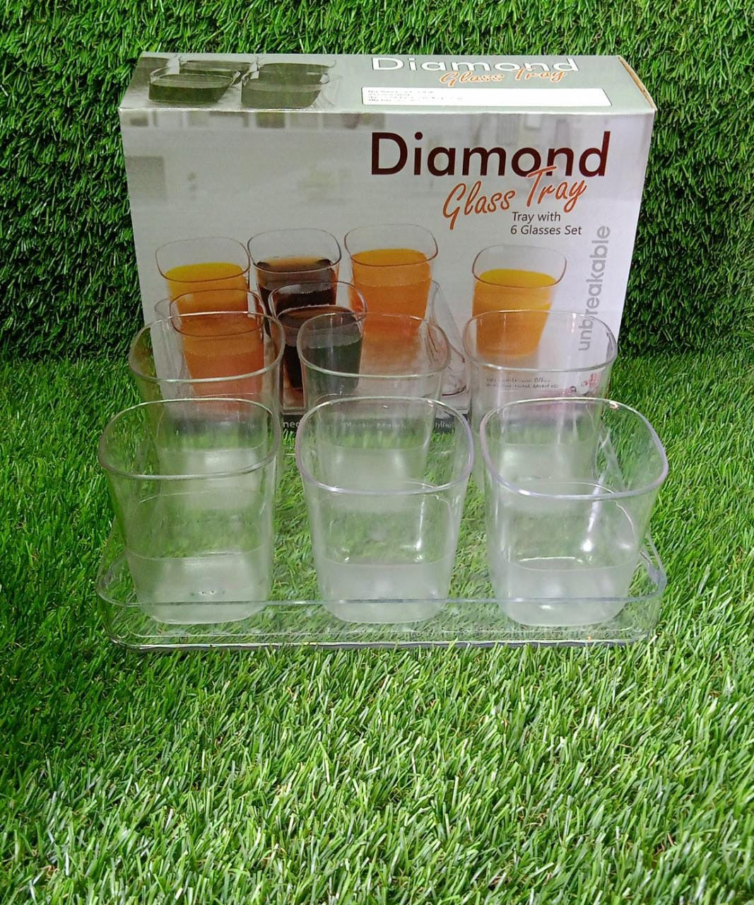 2832 6pc Glasses Set With tray Stylish Transparent Water Glass/Juice Glass/Beer Glass/Wine Glass Plastic Glass Set DeoDap