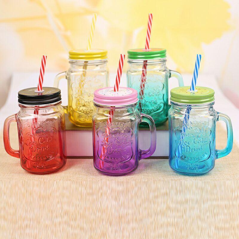 0760 Drinking Cup/Glass/Mug Mason Jar with Handle & Straw - SkyShopy